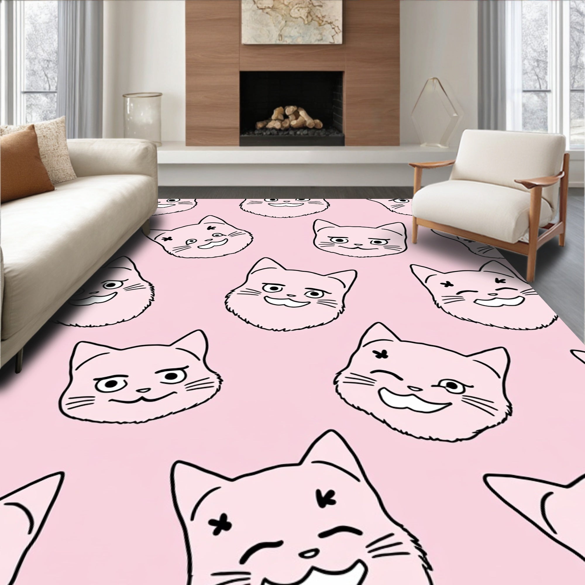 Charming Pink Cat Faces Pillow Rug
