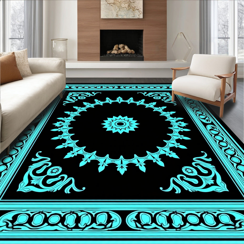 Turquoise Black Ornamental Medallion Frame Rug