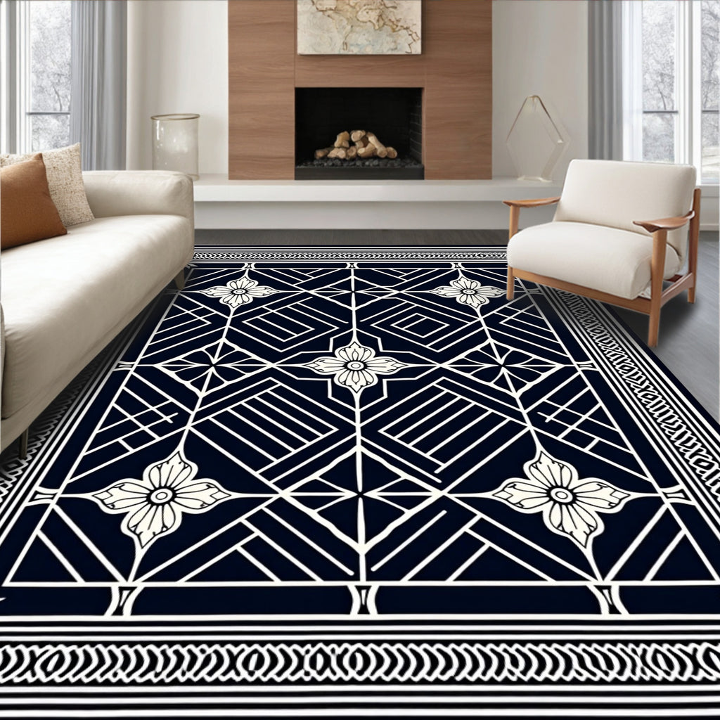 Art Deco Navy Blossom Geometric Border Rug