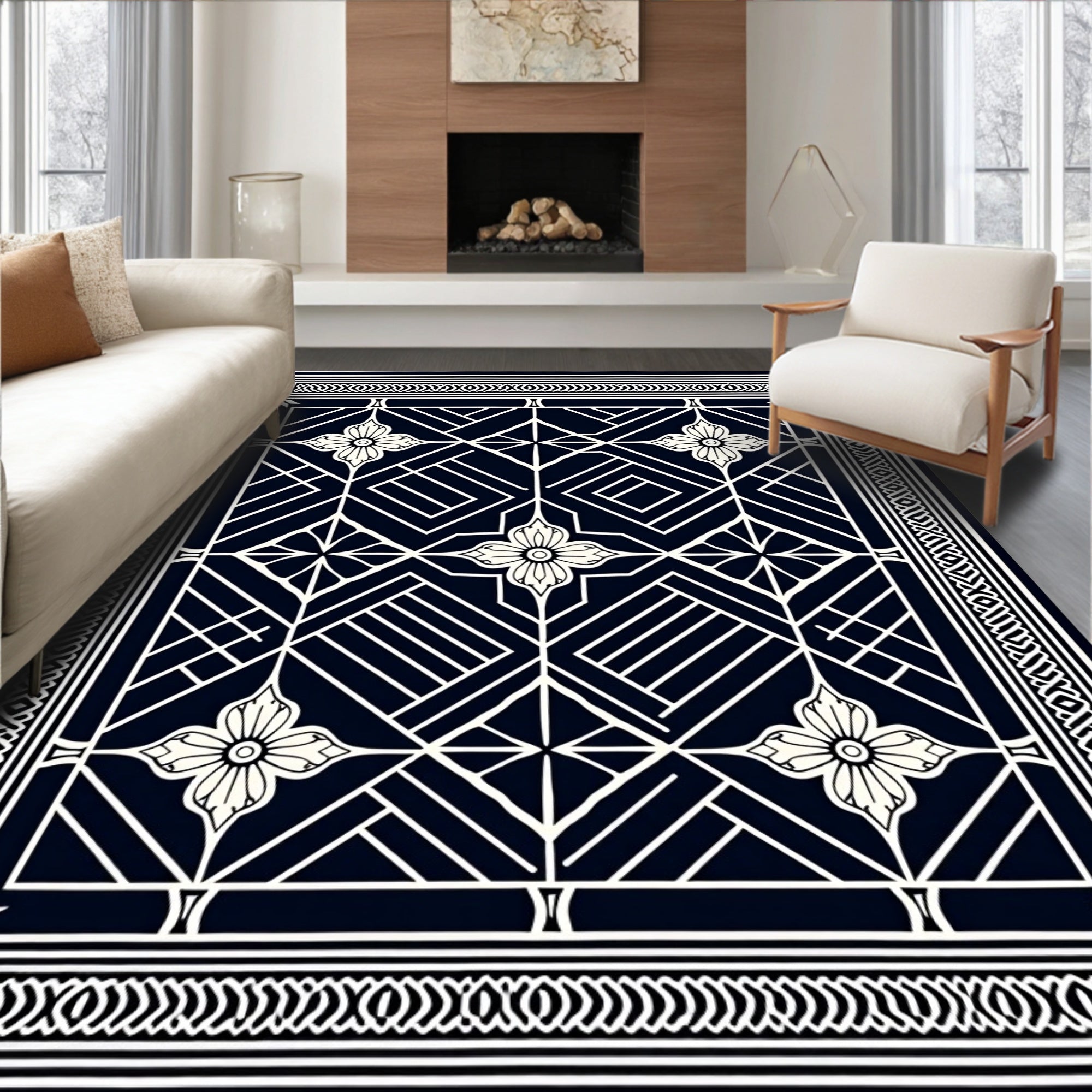 Art Deco Navy Blossom Geometric Border Rug