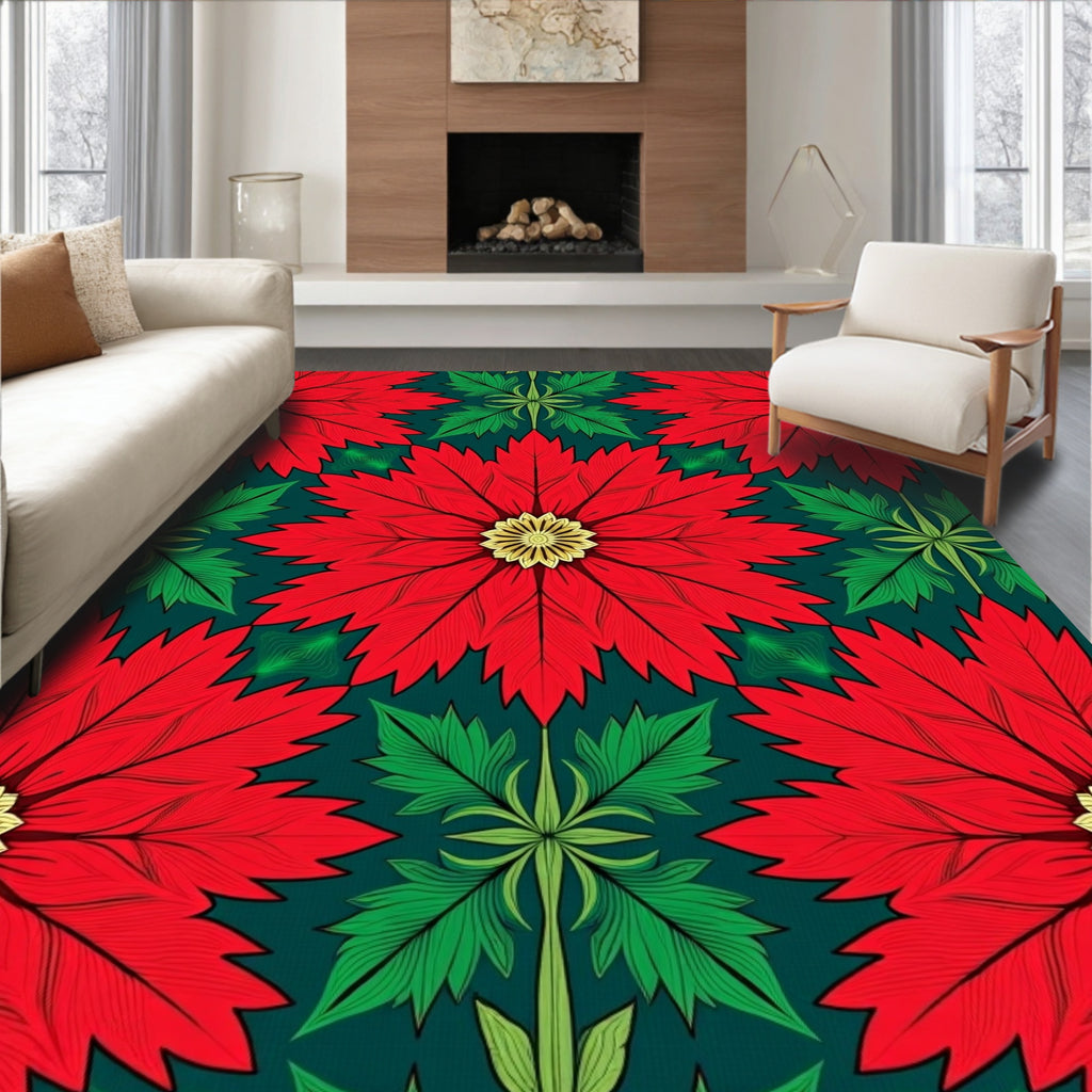 Vibrant Red Poinsettia Floral Mandala Rug