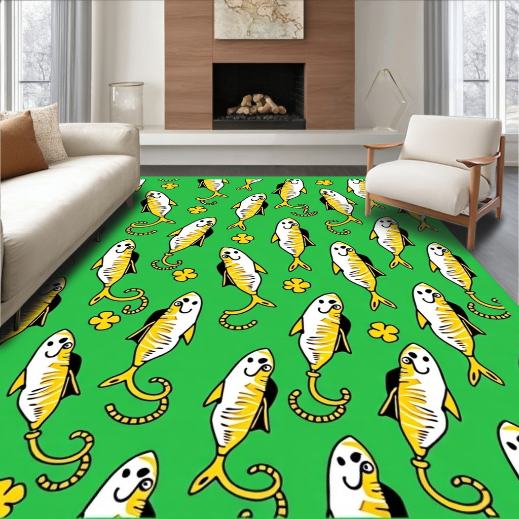 Playful Yellow Fish Green Background Rug