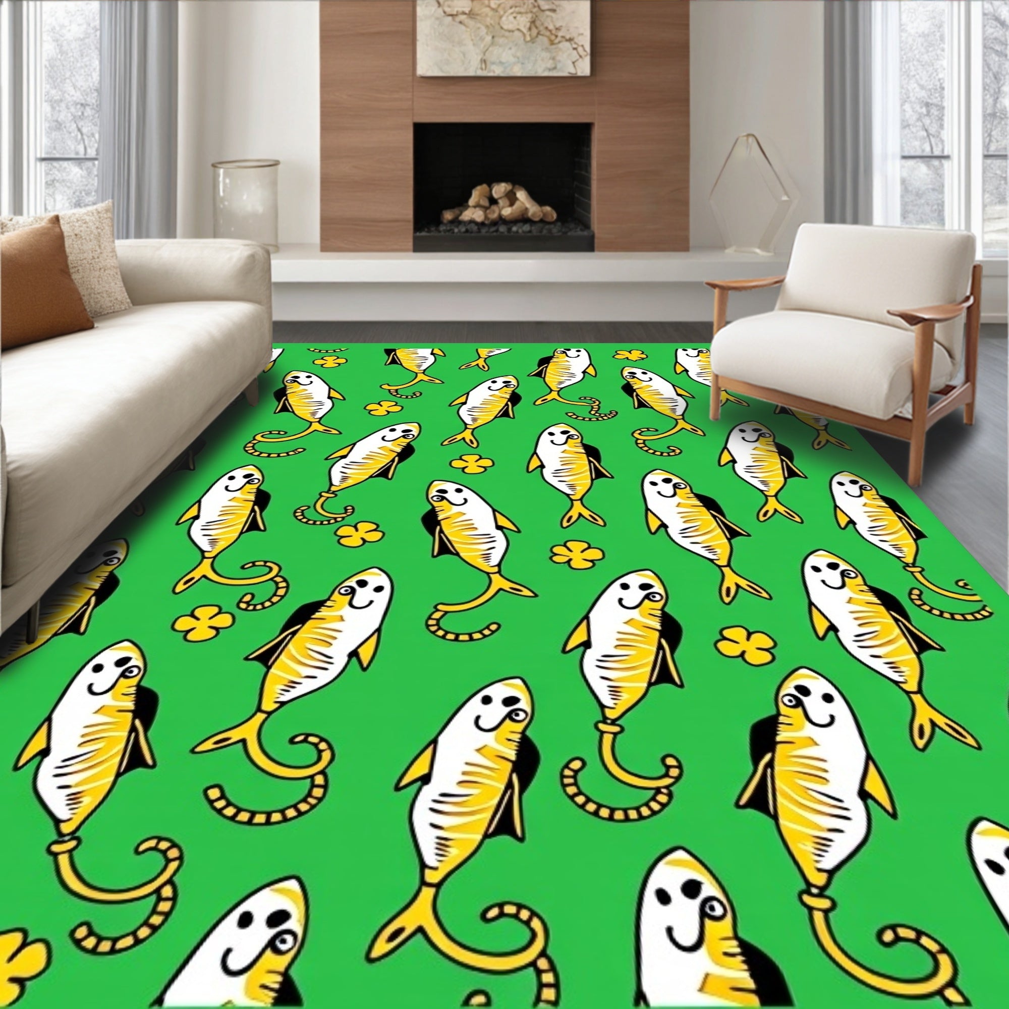 Playful Yellow Fish Green Background Rug