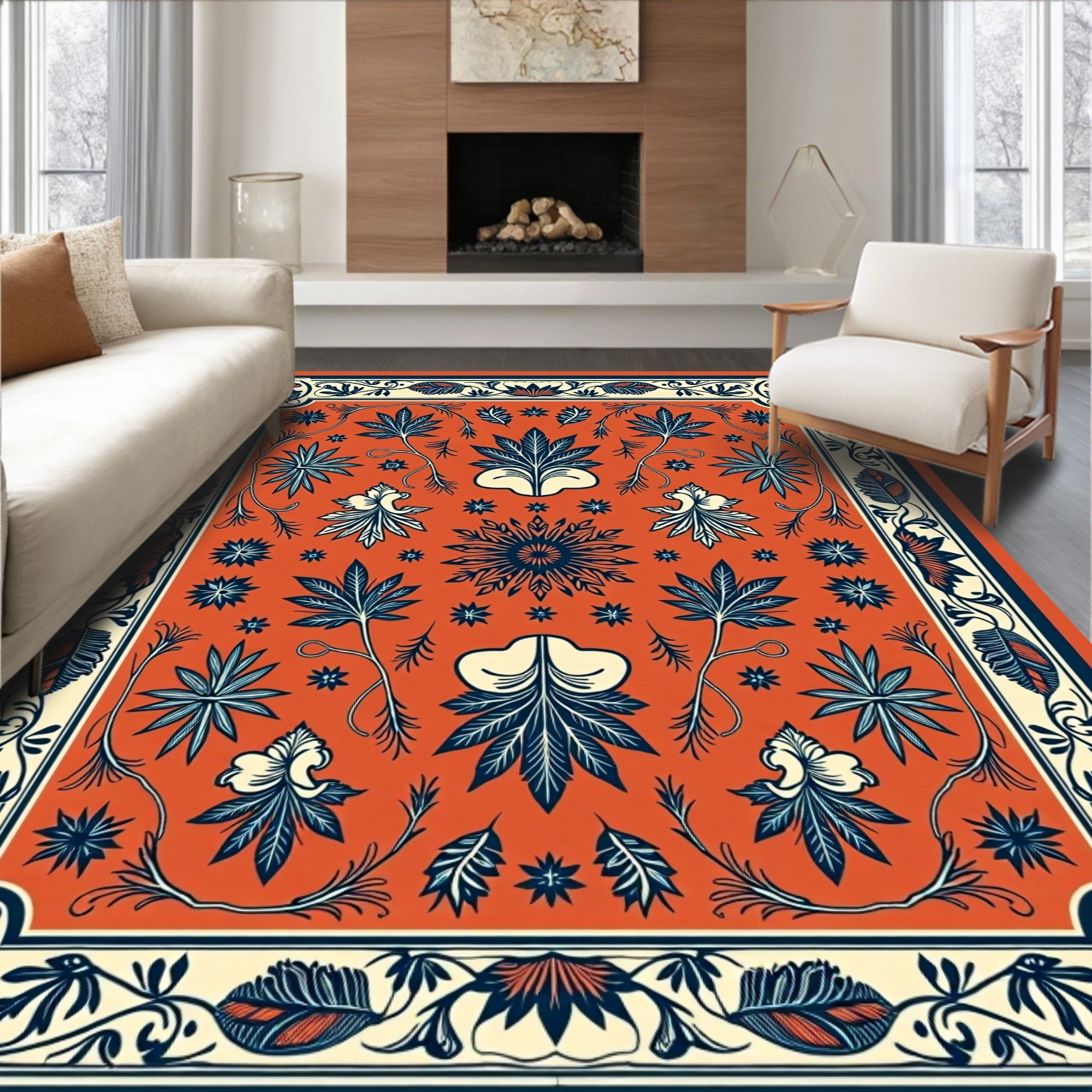Earthy Orange Floral Vine Mandala Rug