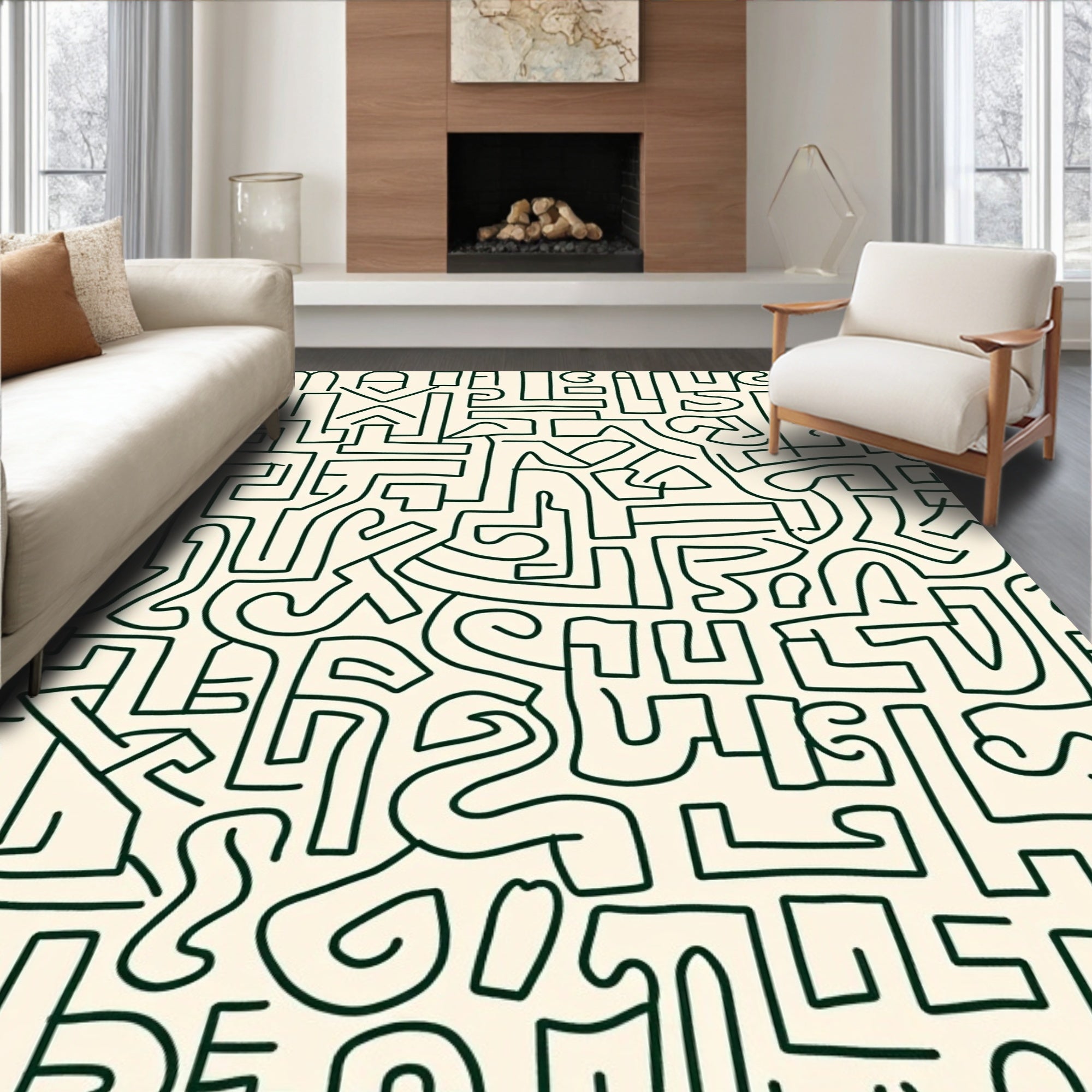 Abstract Cream Green Line Doodle Rug