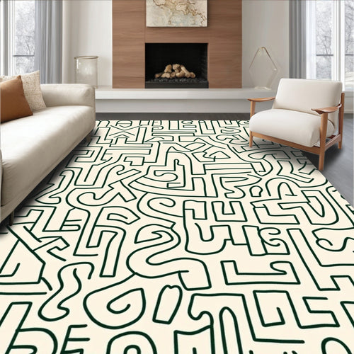 Abstract Cream Green Line Doodle Rug