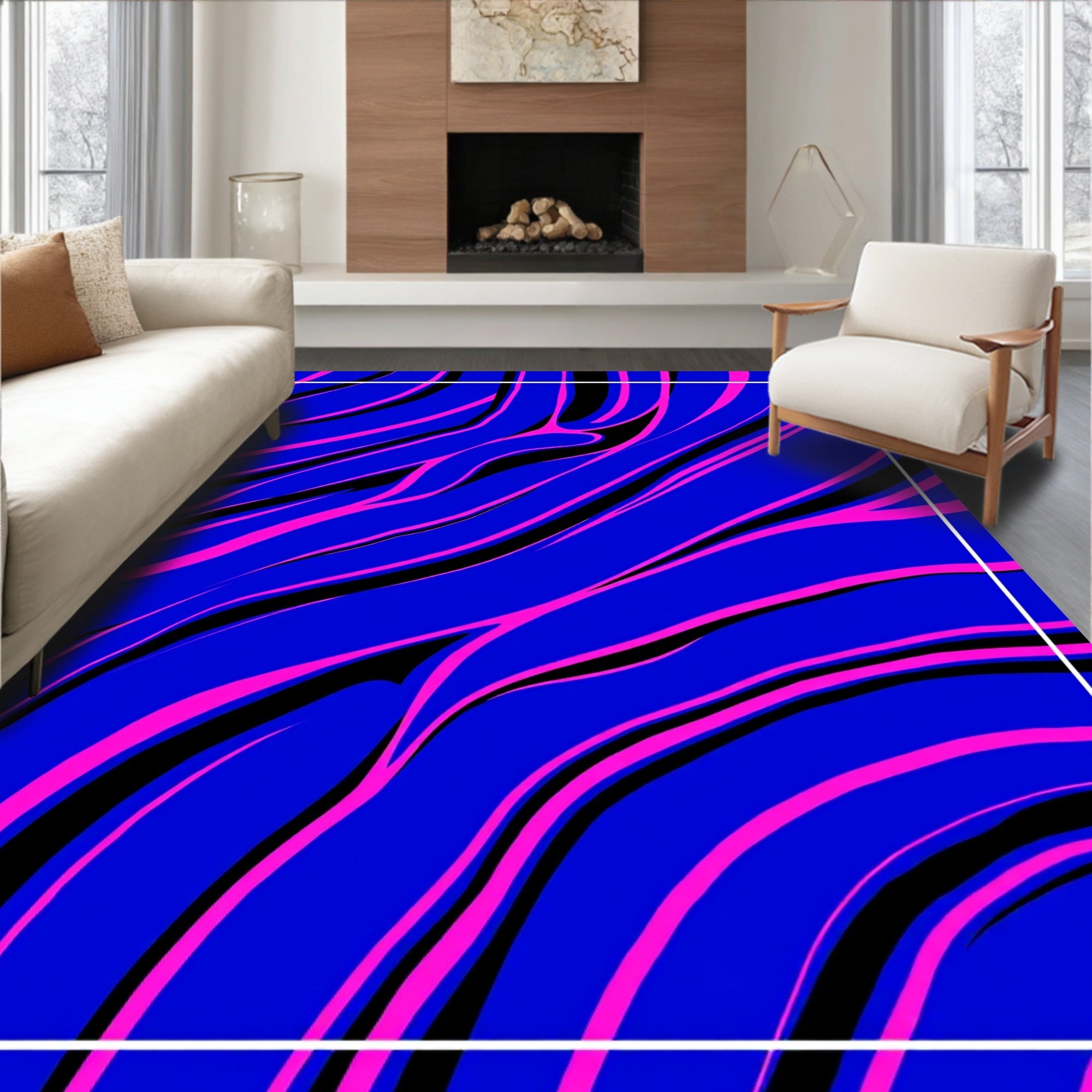Vibrant Blue Pink Wavy Lines Rug