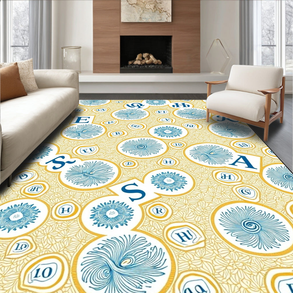 Golden Blue Abstraction Letter Mosaic Rug