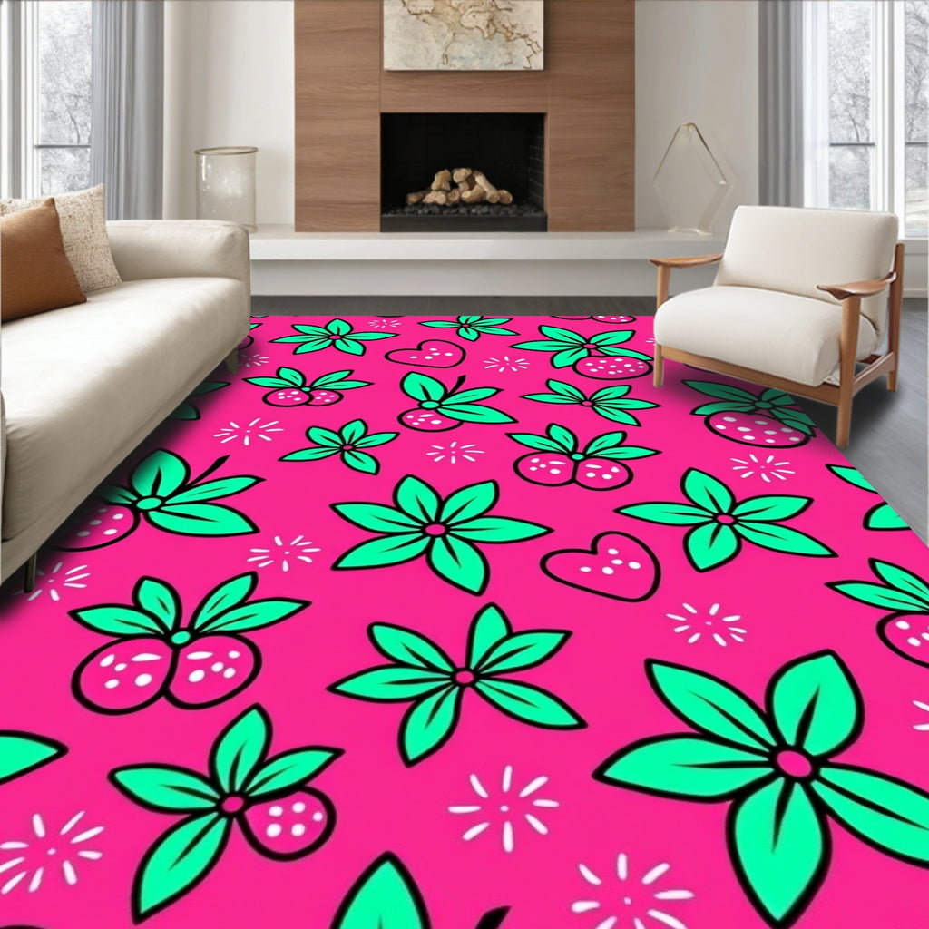 Bright Pink Strawberry Heart Burst Rug