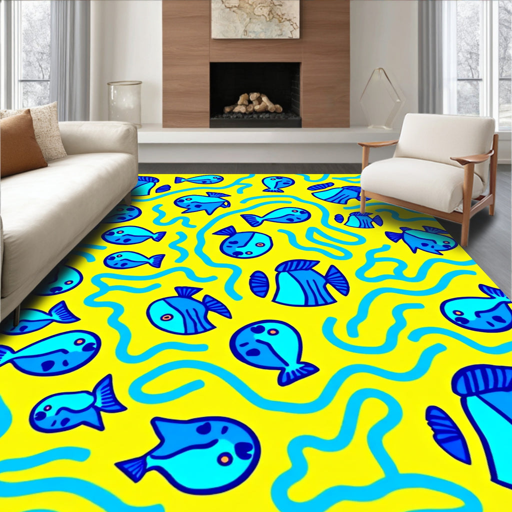 Whimsical Blue Fish Yellow Waves Rug