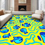 Whimsical Blue Fish Yellow Waves Rug