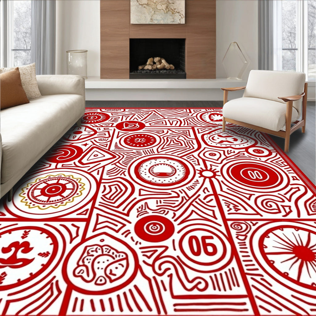 Bold Red Geometric Medallion Collage Rug
