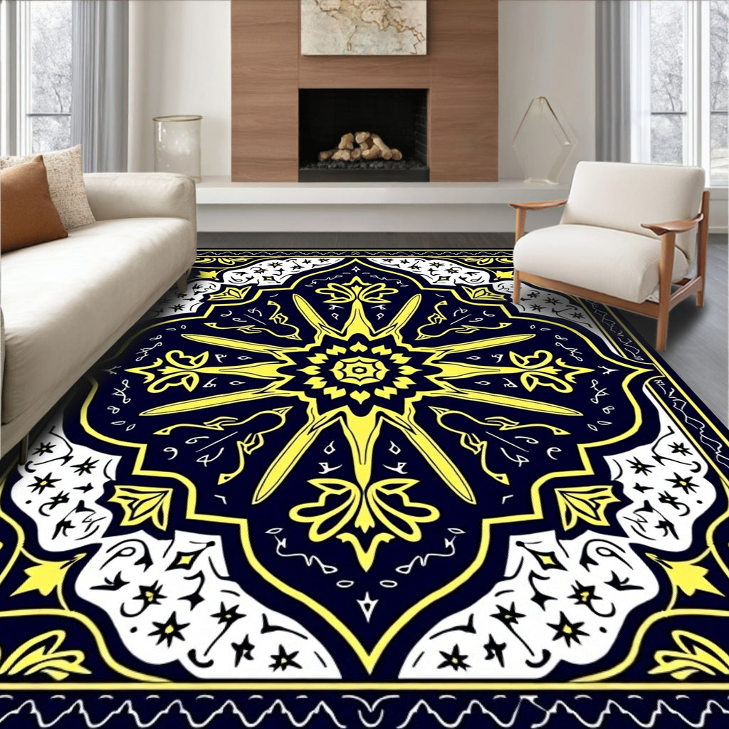 Ornate Starburst Navy Yellow Mandala Rug