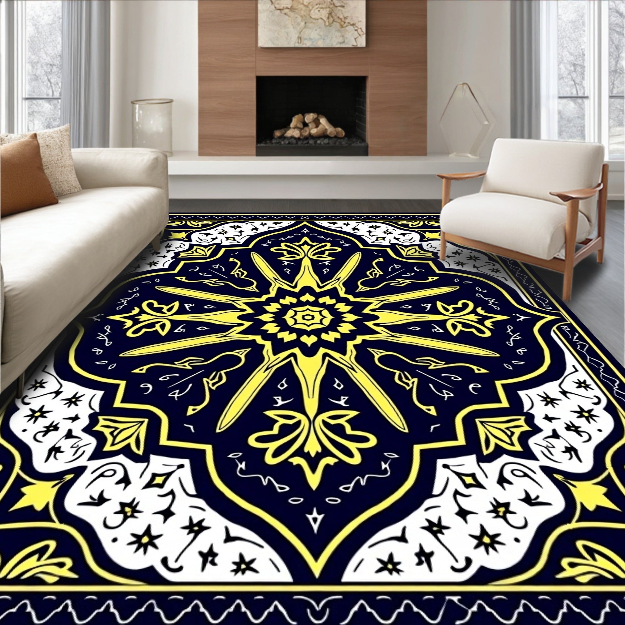 Ornate Starburst Navy Yellow Mandala Rug