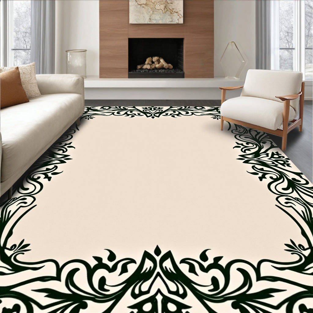 Dark Green Floral Scroll Border Rug
