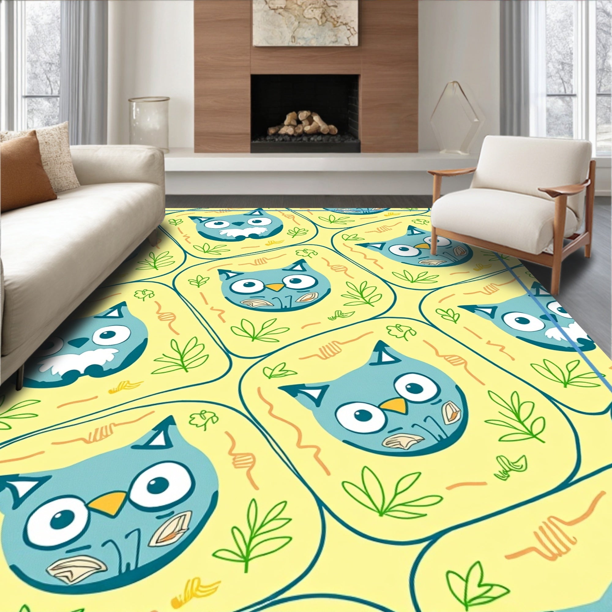 Whimsical Blue Owl Yellow Cartoon Rug