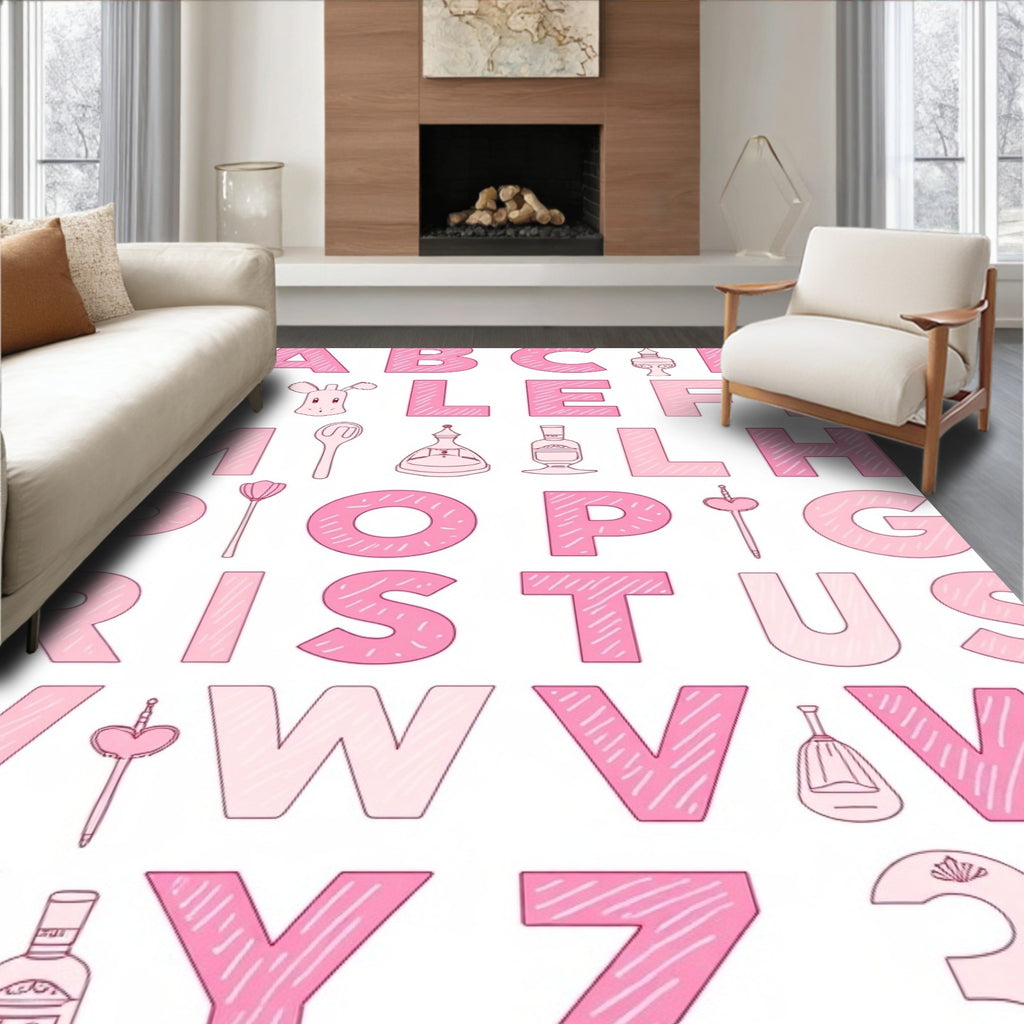Pink Alphabet And Icons Whimsical Rug
