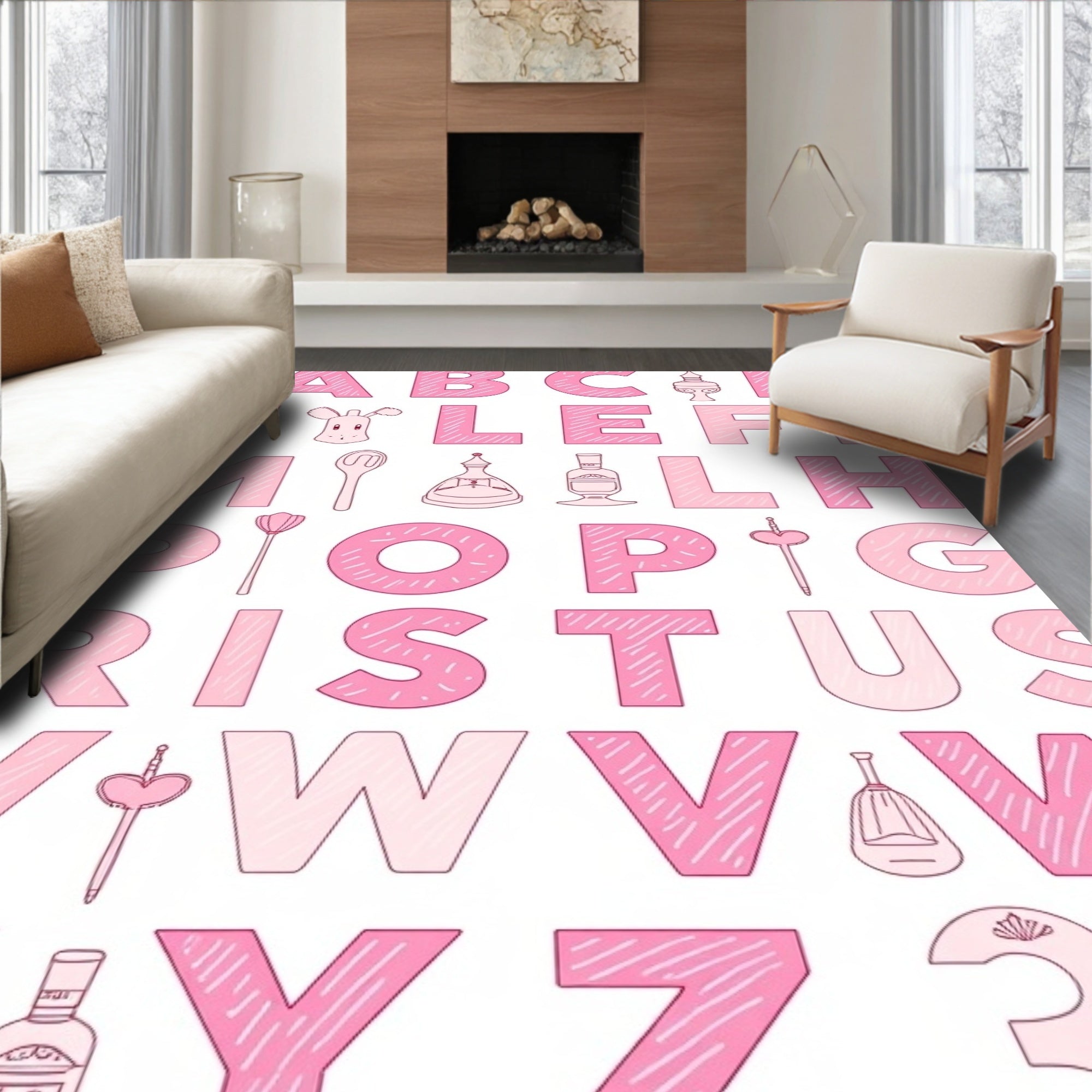 Pink Alphabet And Icons Whimsical Rug
