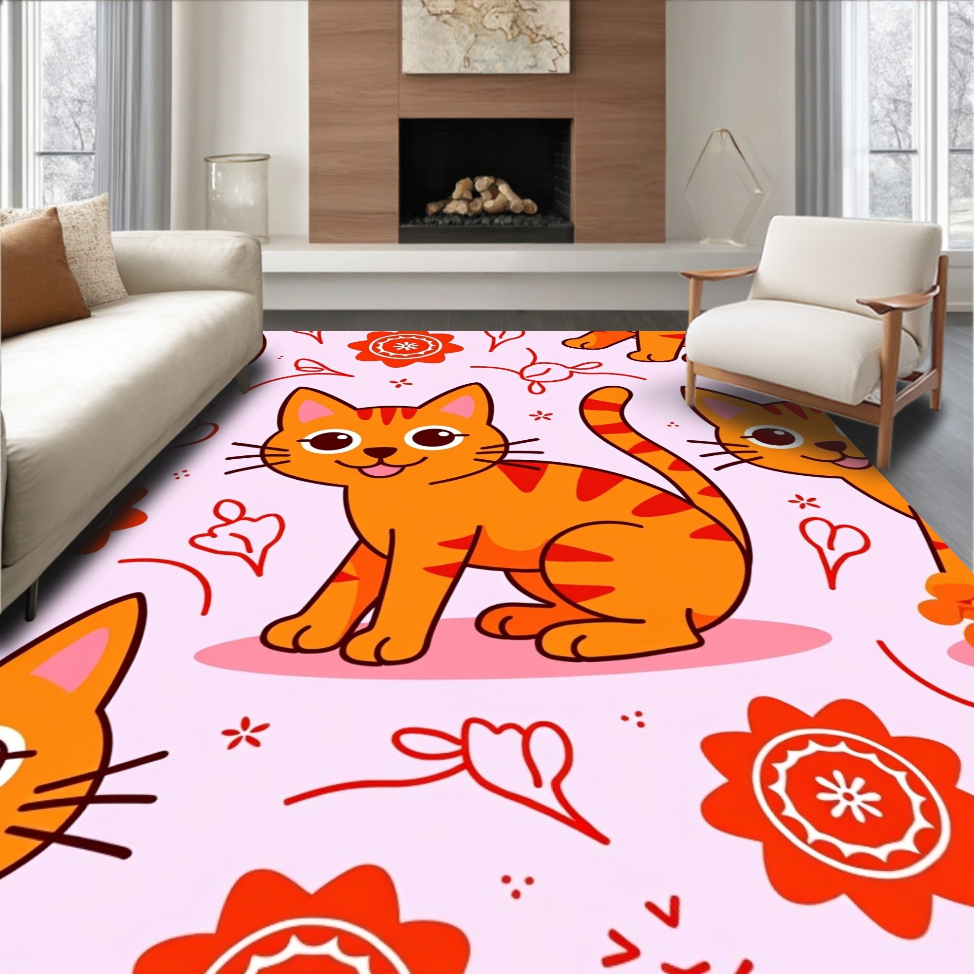 Orange Tabby Cat Floral Whimsy Rug