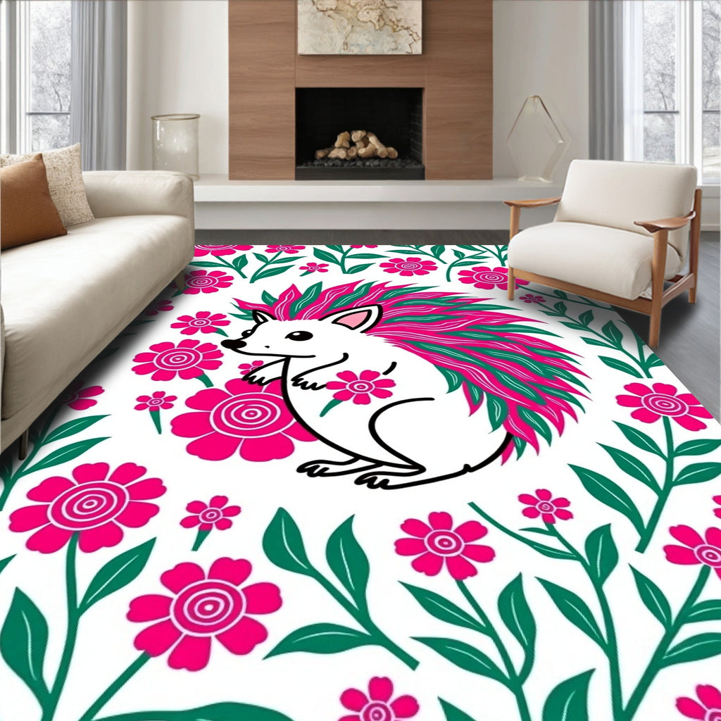 Pink Floral Hedgehog With Grassy Mane Rug