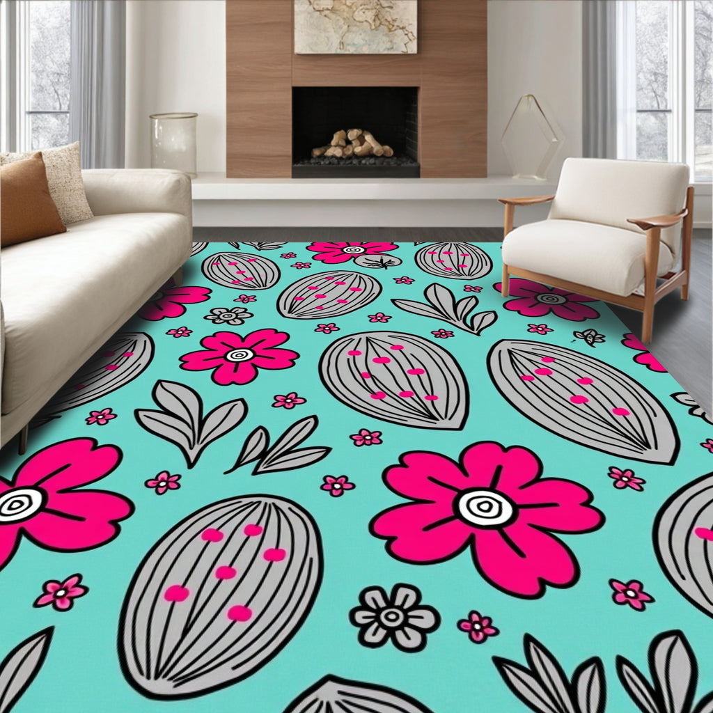 Pink Floral Almond Teal Garden Rug