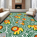Playful Yellow Lions Green Jungle Animals Rug