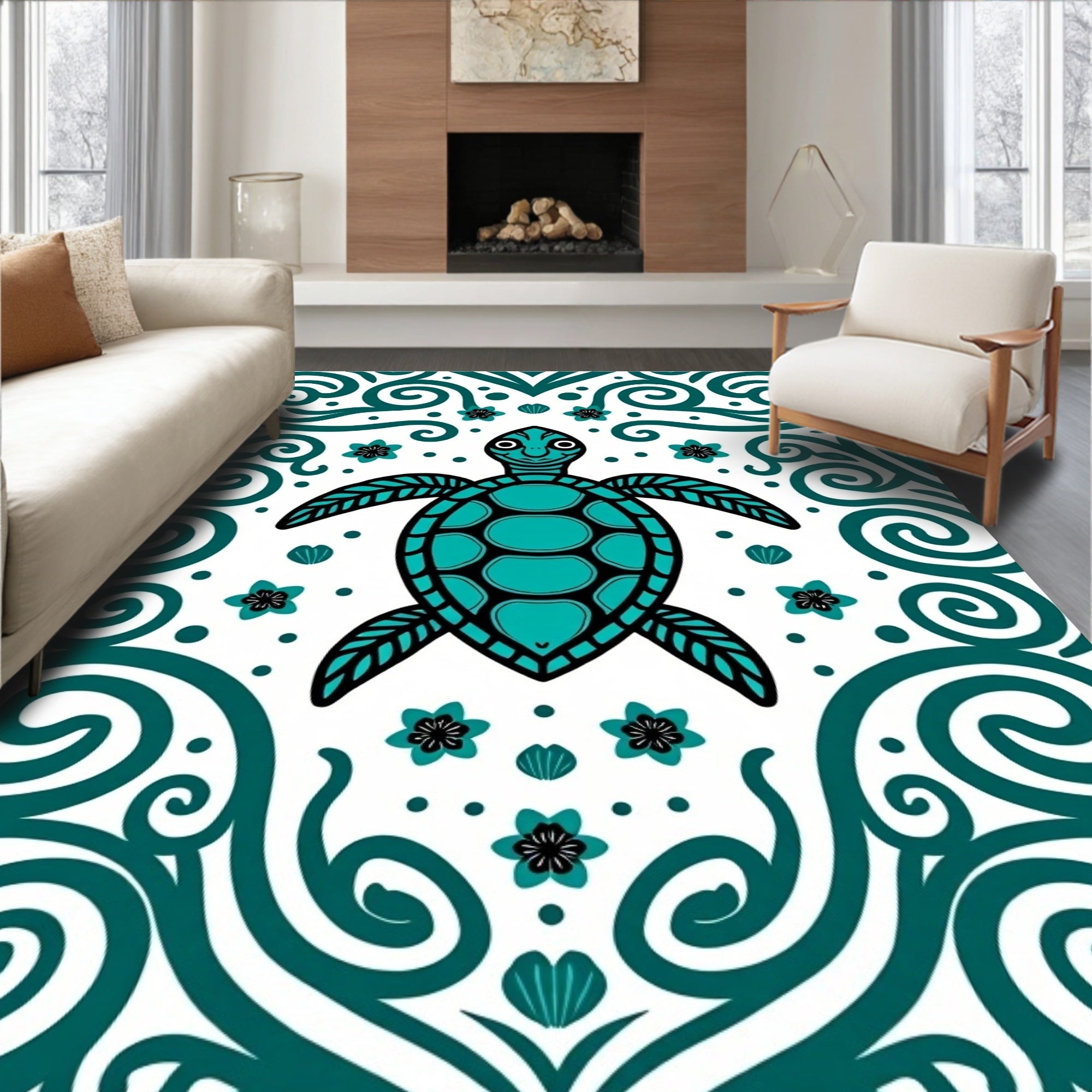 Turquoise Turtle Tropical Swirl Art Rug