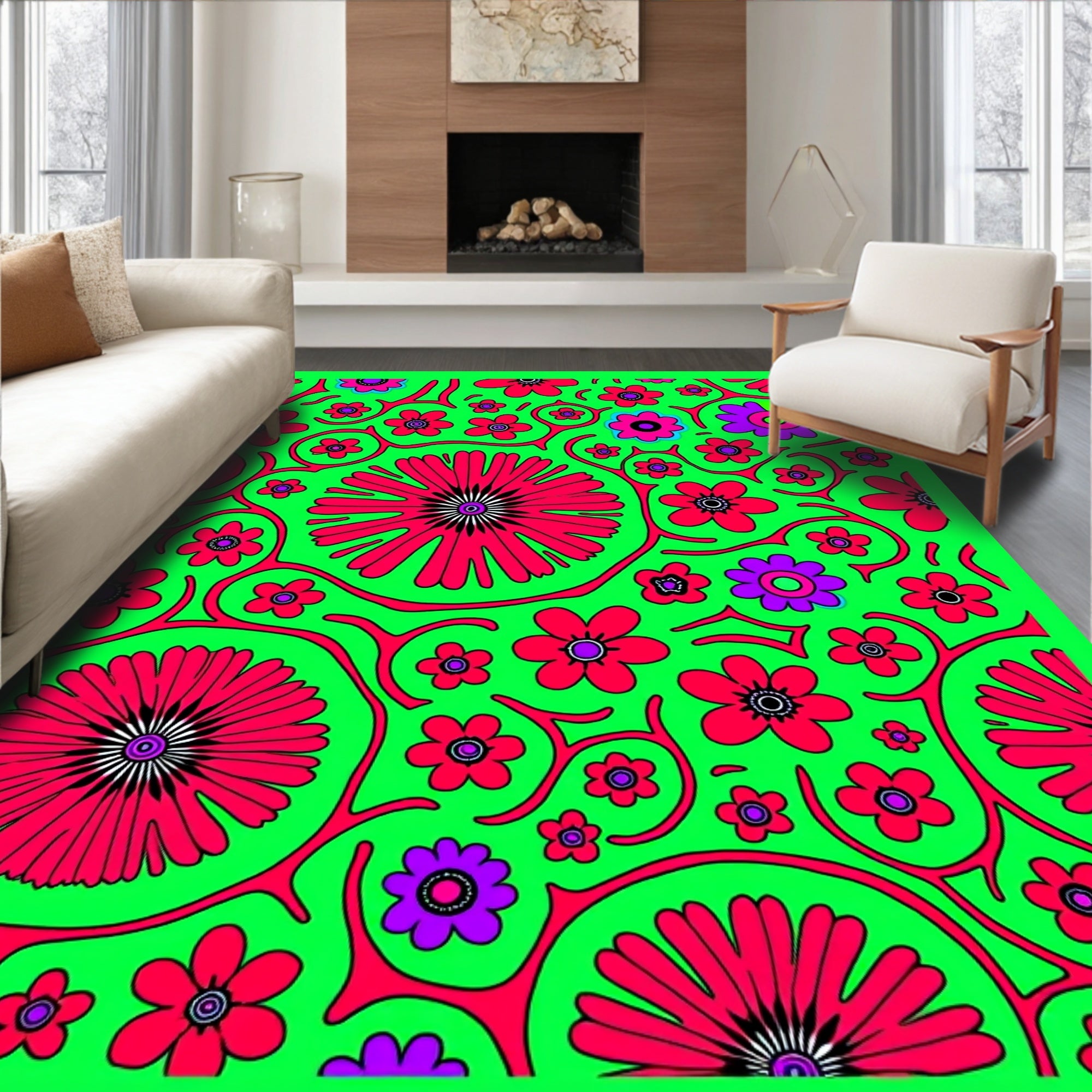 Retro Magenta Floral Vine Rug