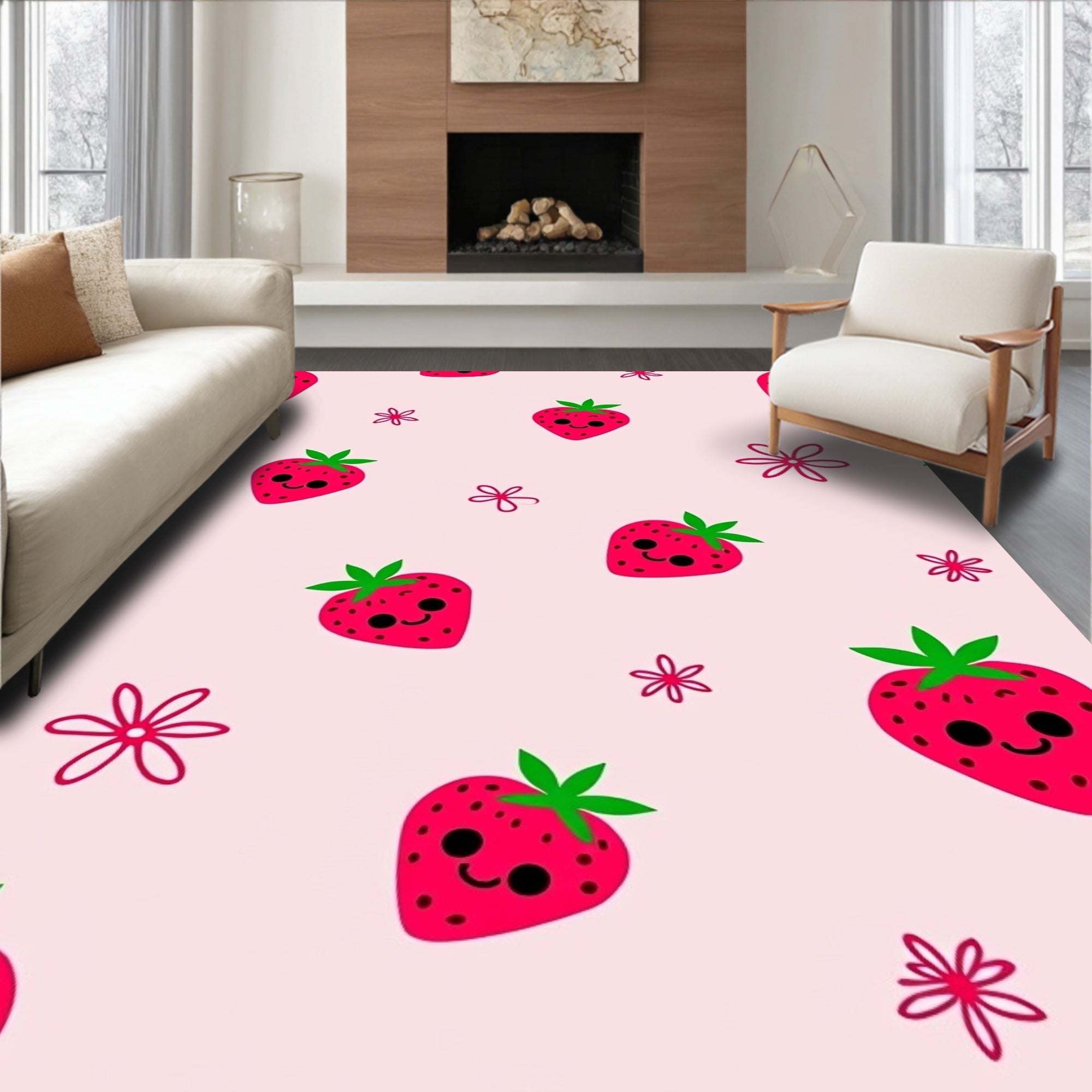Cute Pink Strawberry Flower Pattern Rug