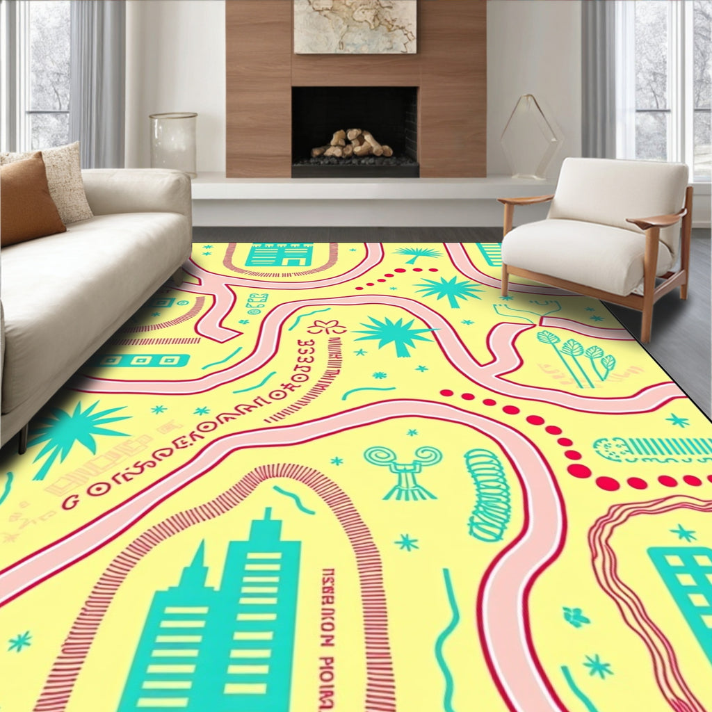 Yellow Pink Blue Abstract Cityscape Rug