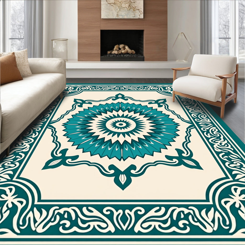 Teal Medallion Bordered Cream Rug