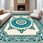 Teal Medallion Bordered Cream Rug