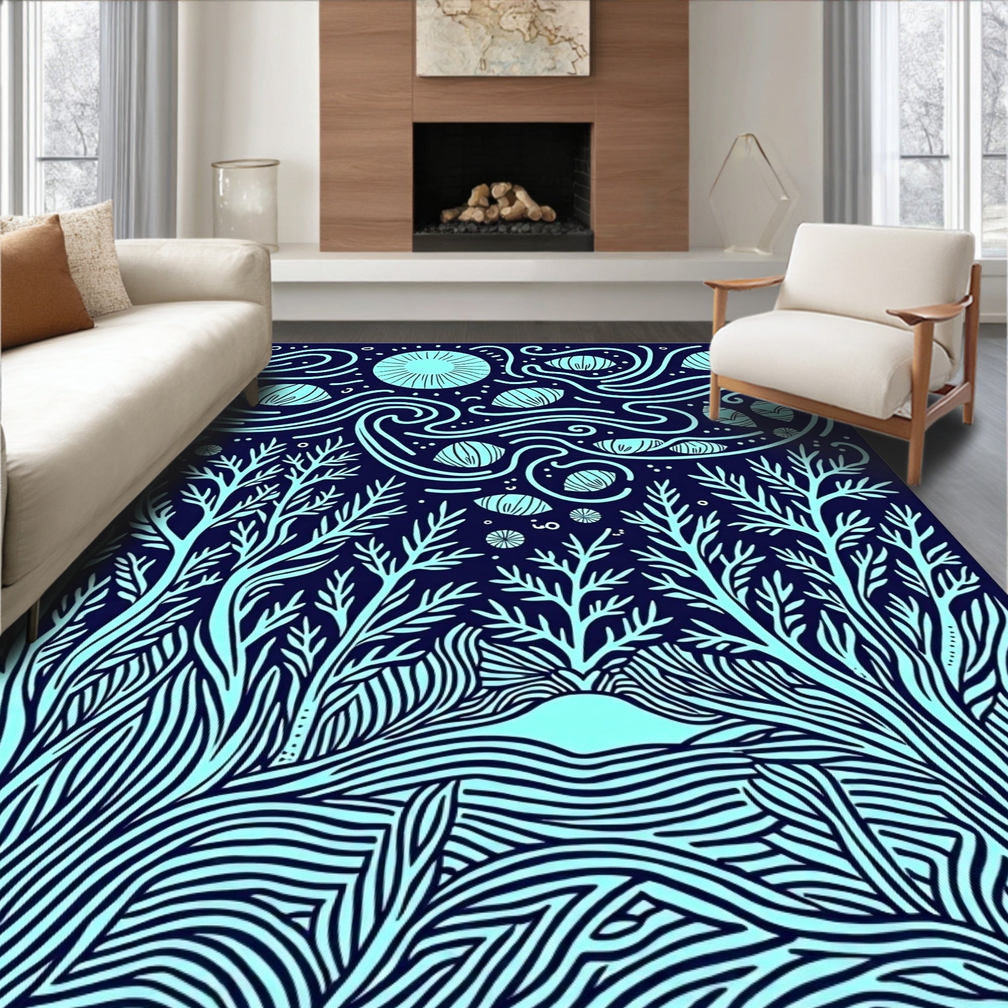 Aqua and Navy Forest Night Sky Rug