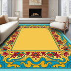 Vibrant Red Blue Yellow Floral Frame Rug
