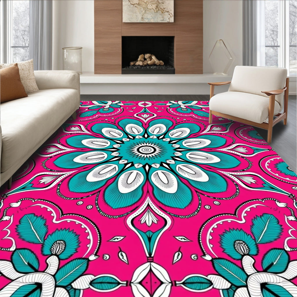 Vibrant Pink Teal Floral Mandala Rug
