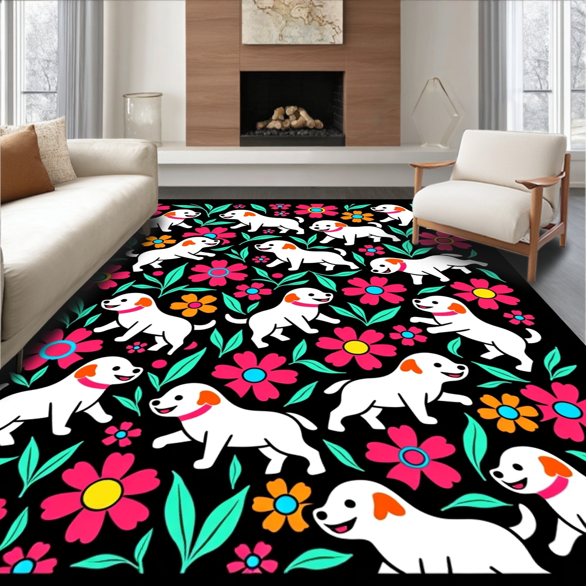Happy White Dogs Floral Collage Rug