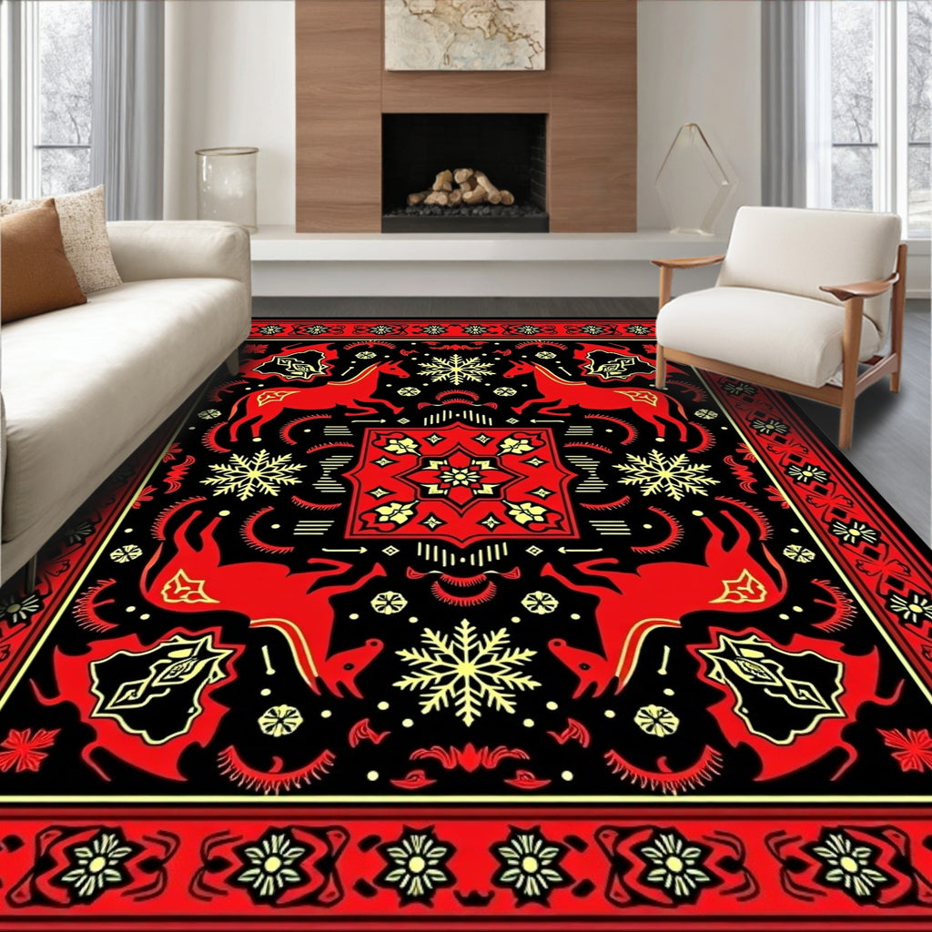 Red Yellow Horse Snow Flake Border Rug