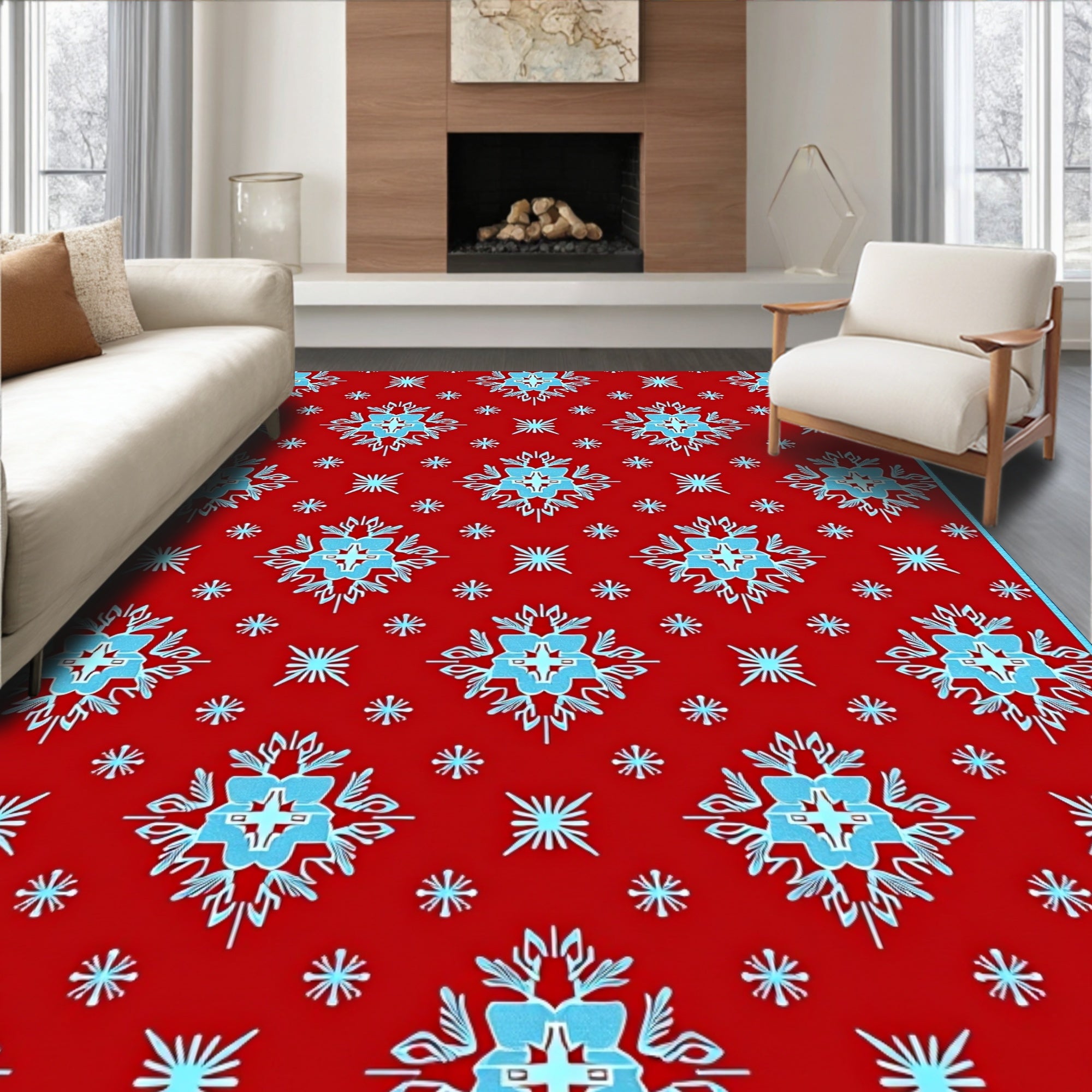 Red Teal Snowflake Repeat Rug