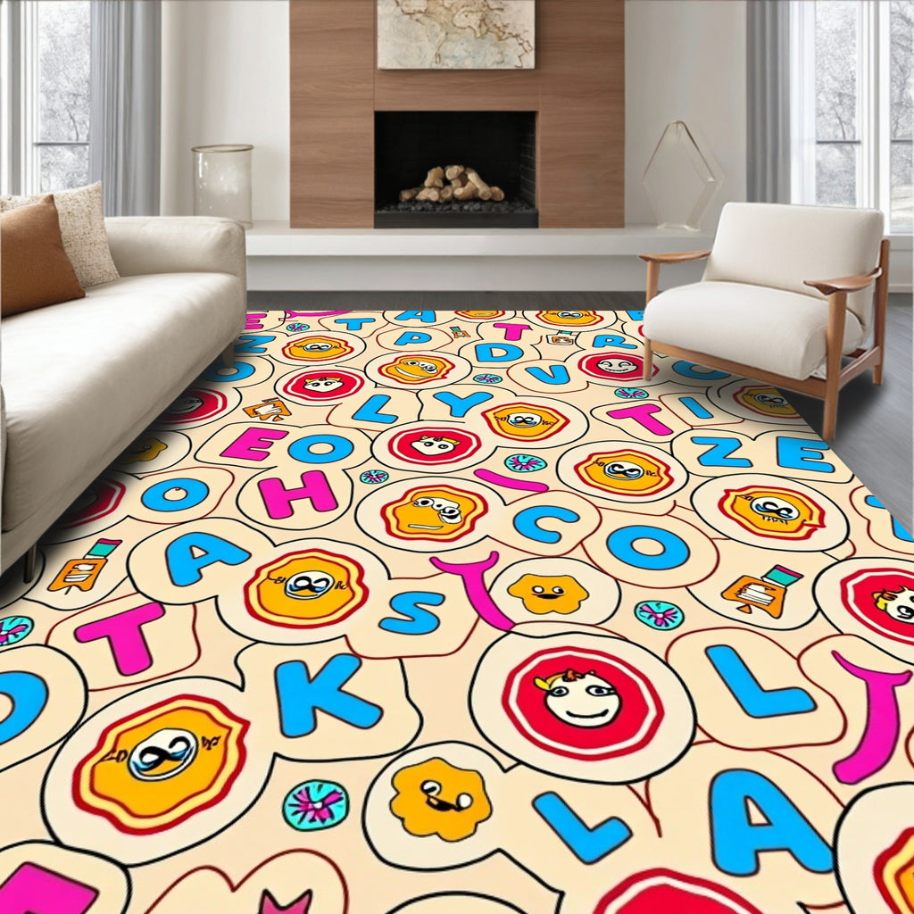 Whimsical Alphabet Faces Cream Rug
