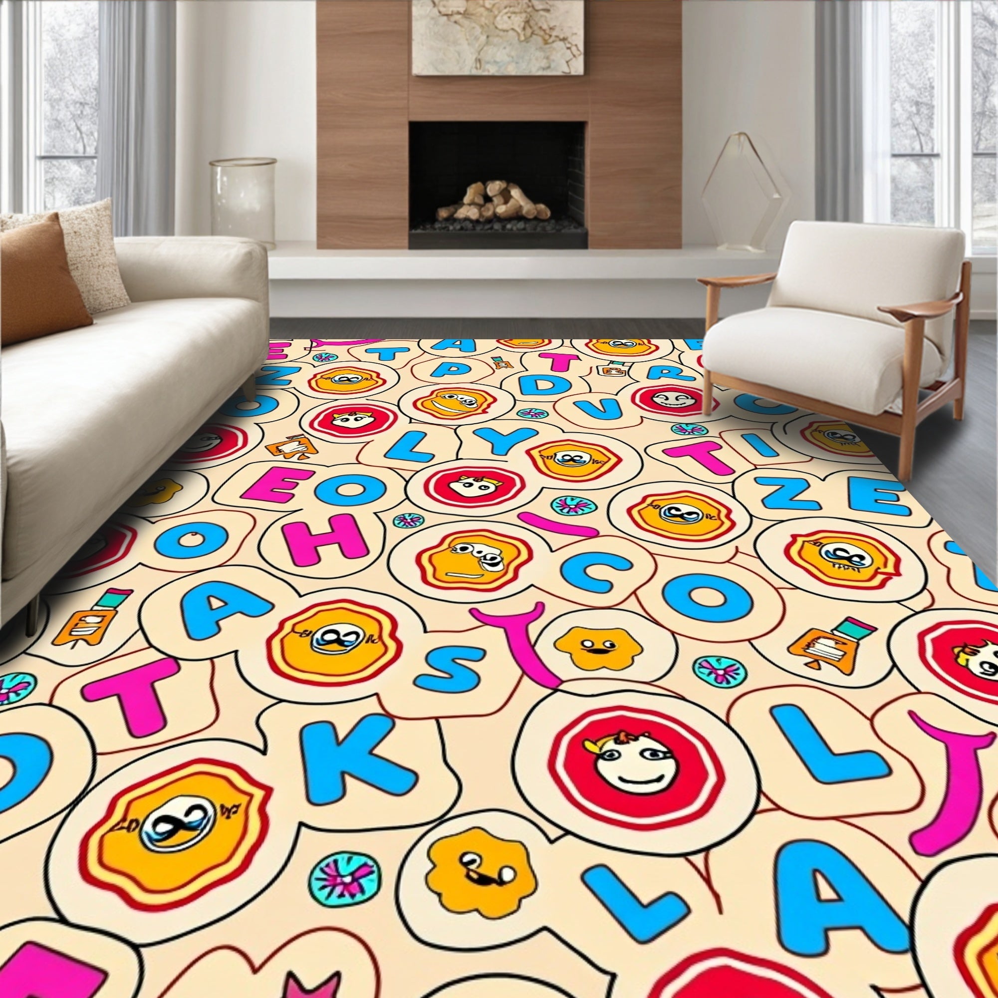 Whimsical Alphabet Faces Cream Rug