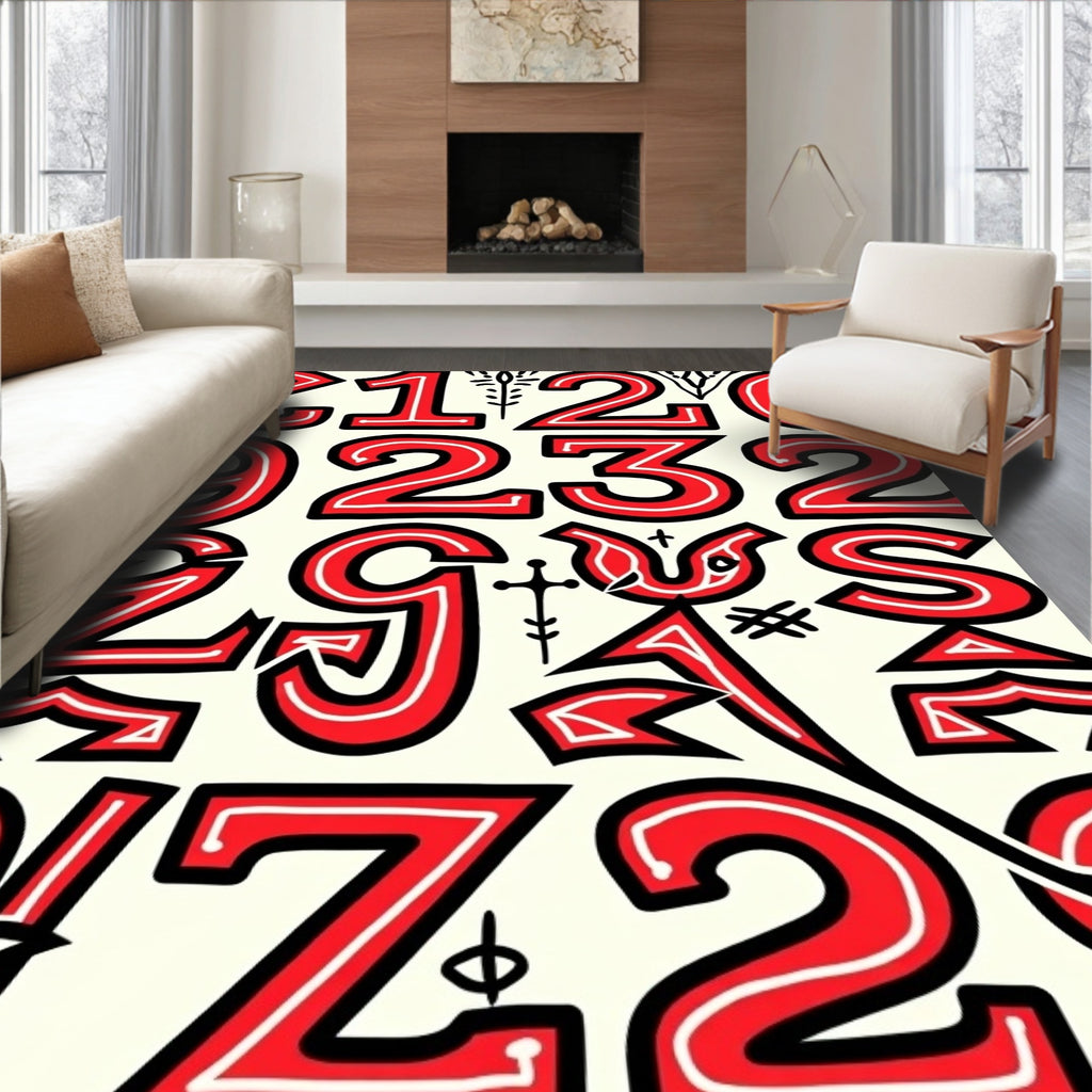 Bold Red Numeral Collage Rug