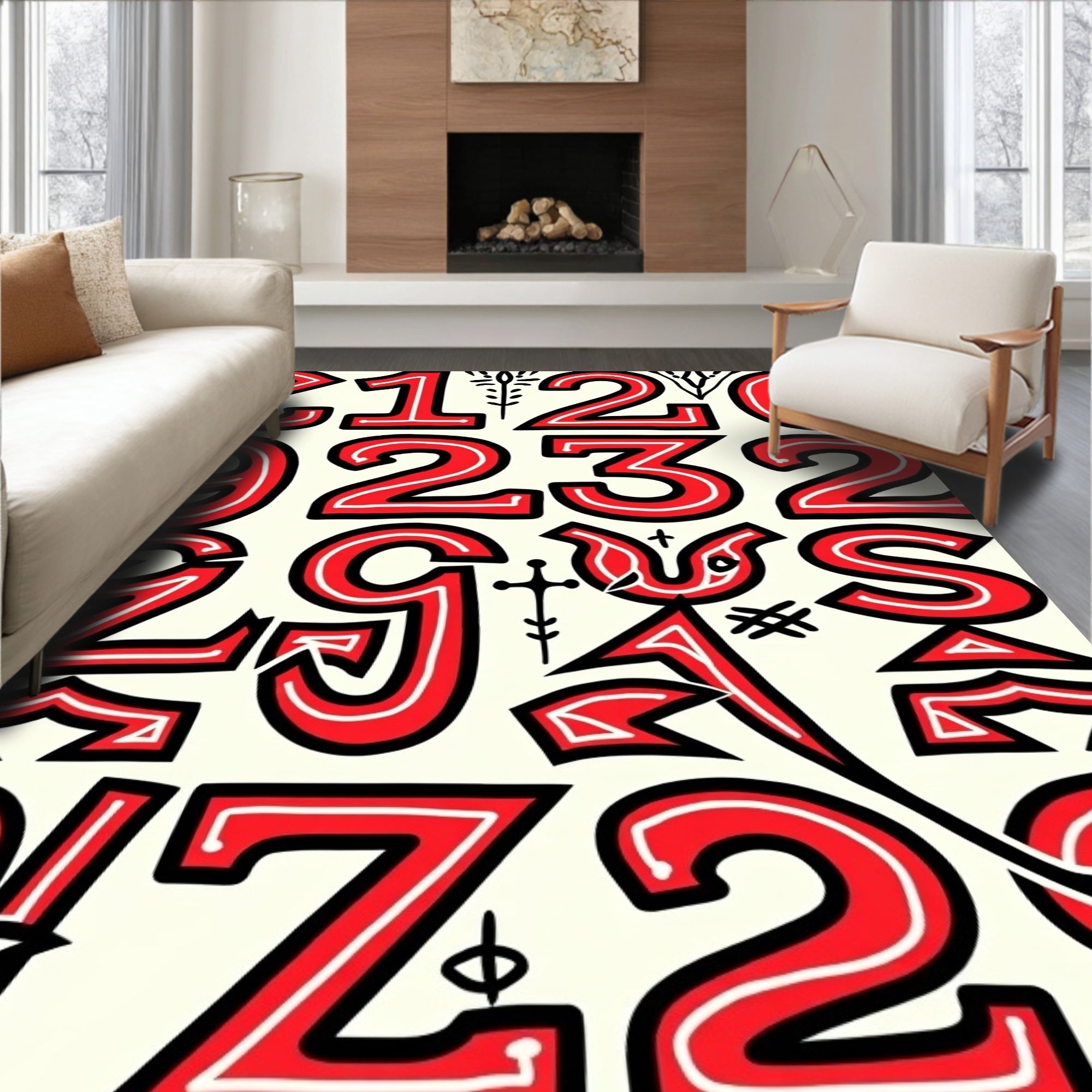 Bold Red Numeral Collage Rug