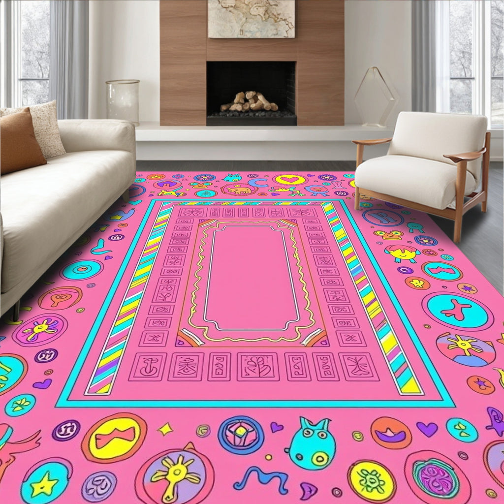Whimsical Pink Cartoon Critter Medallion Rug