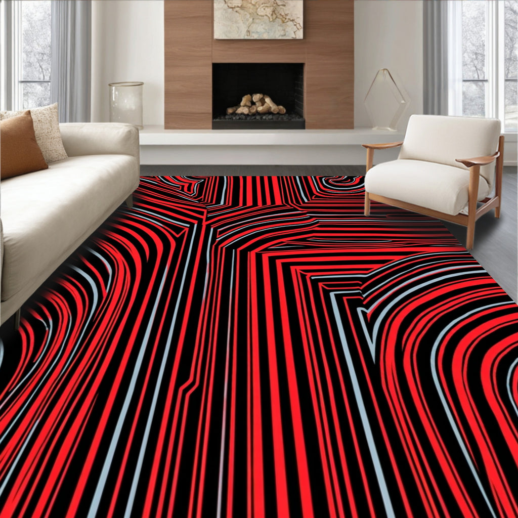 Bold Red Black Striped Abstraction Rug