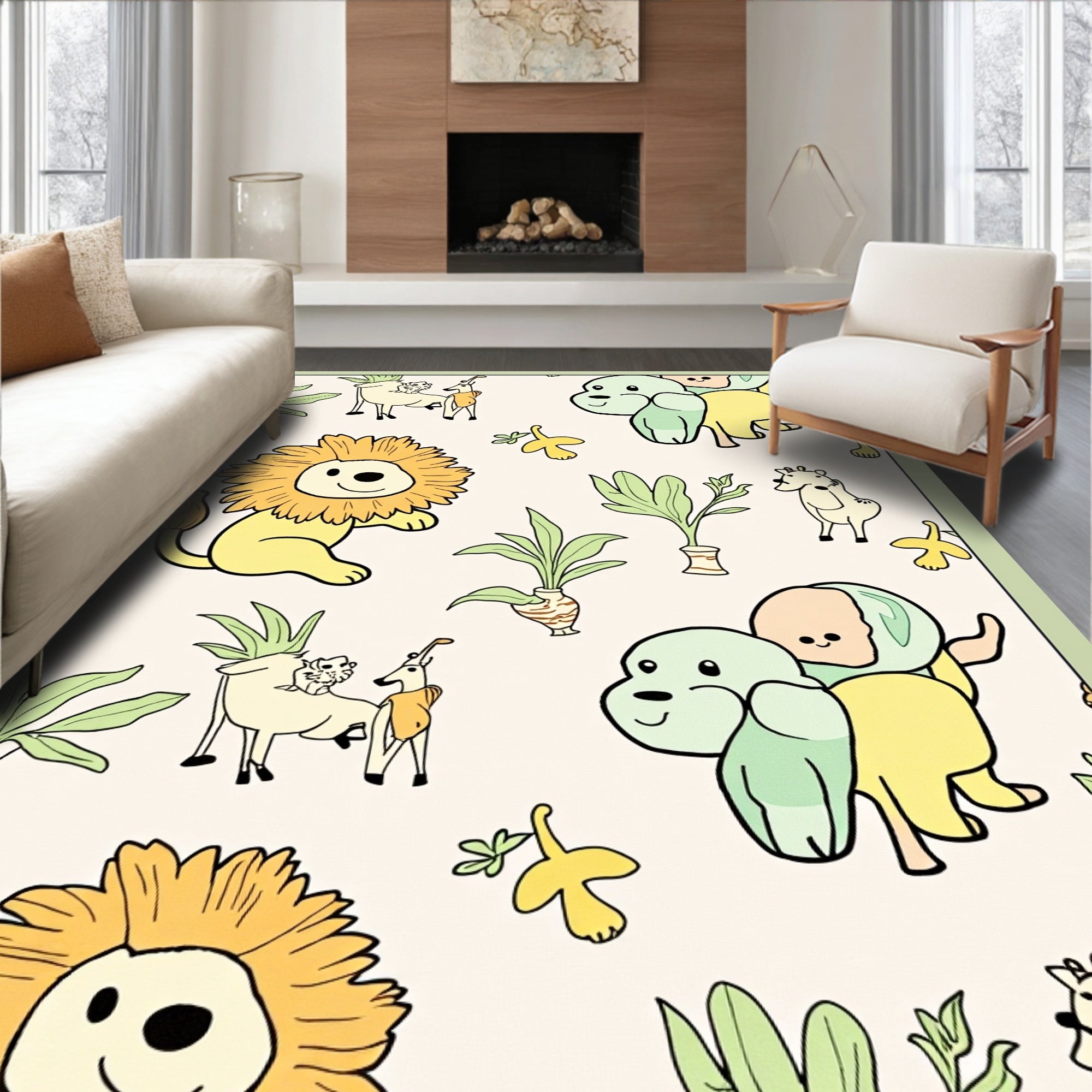 Whimsical Yellow Lion Green Dog Jungle Animals Rug