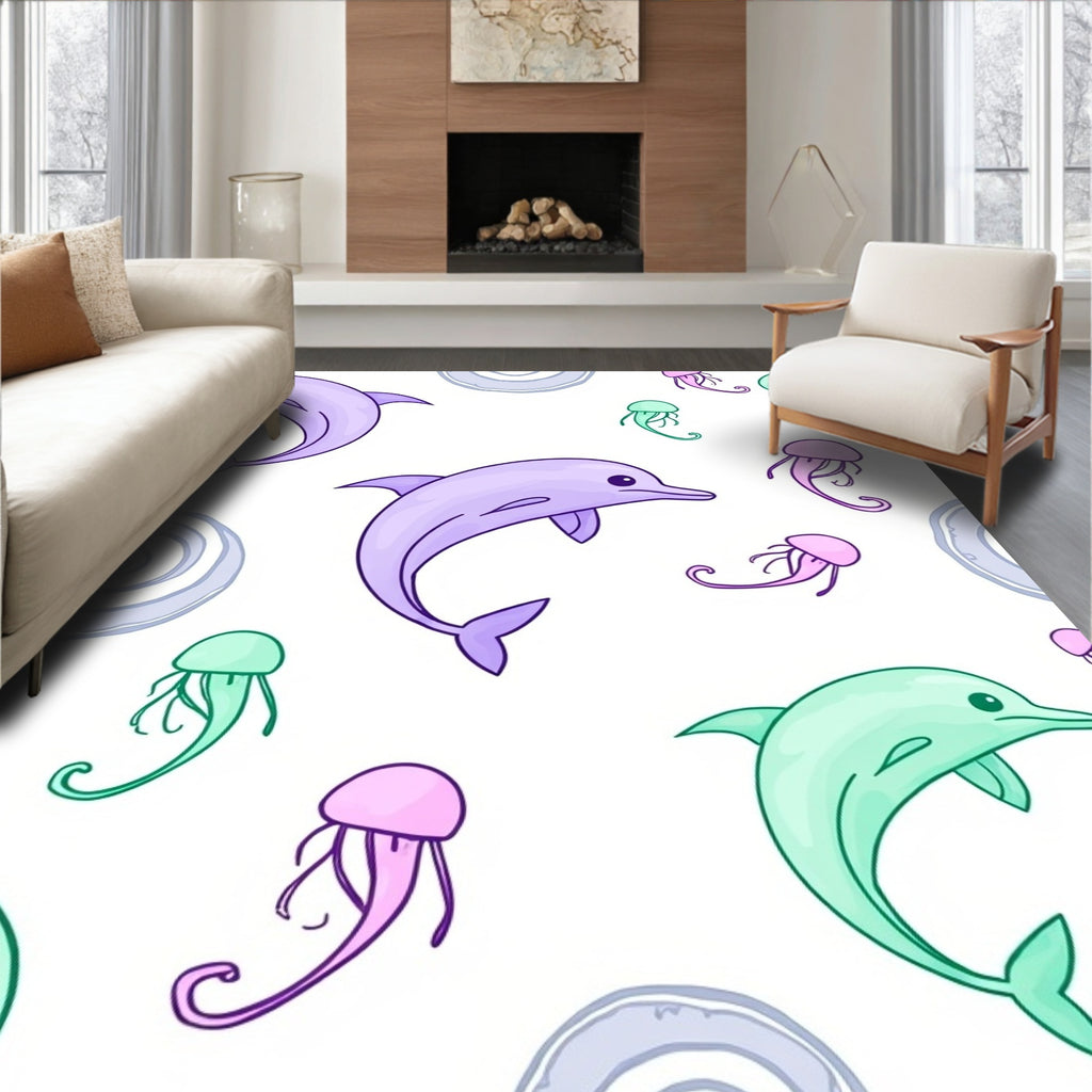 Playful Purple Green Dolphin Jellyfish Swirls Rug