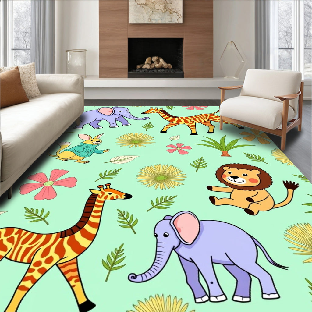 Playful Safari Animals with Floral Accents Rug