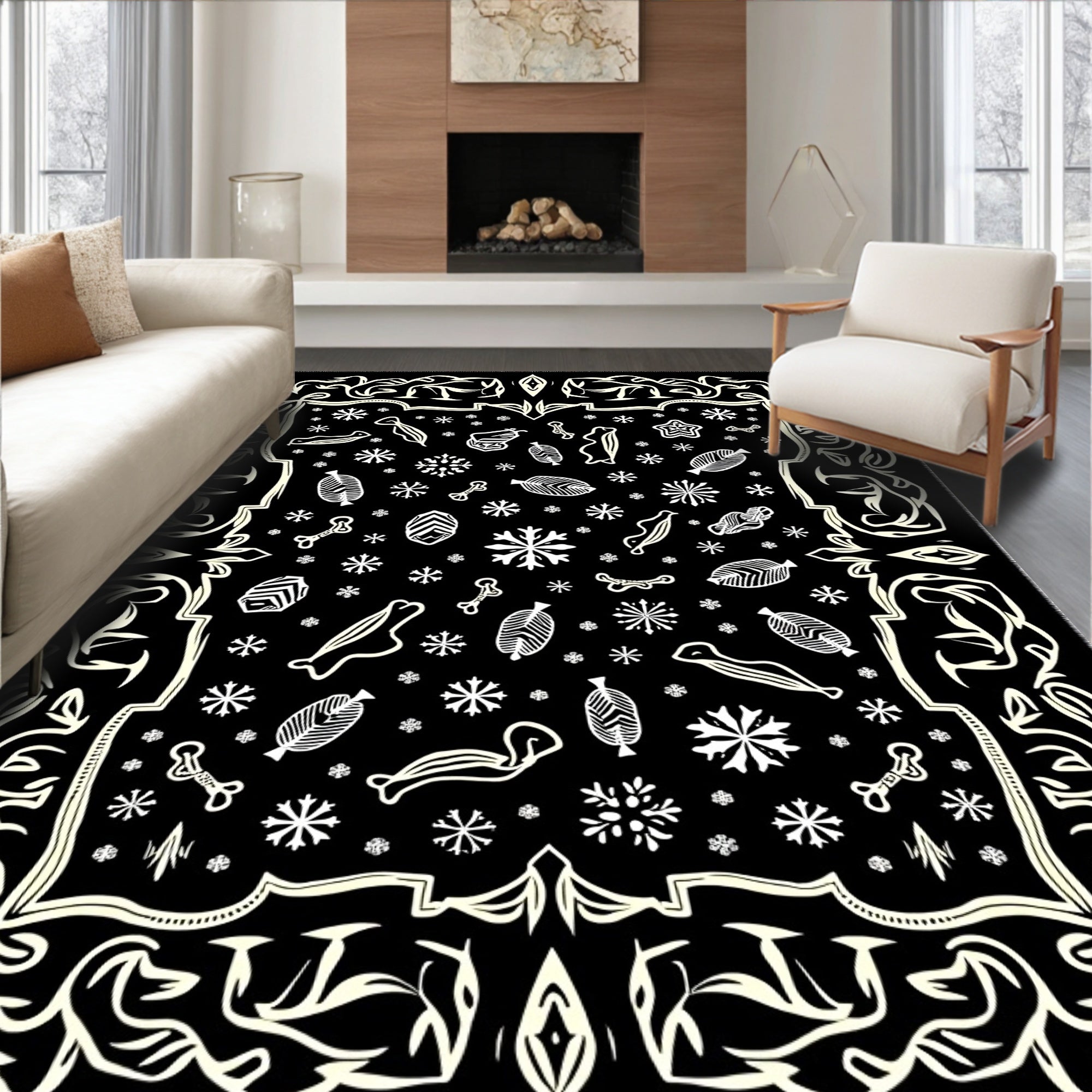 Abstract Black Ivory Whimsical Scatter Rug
