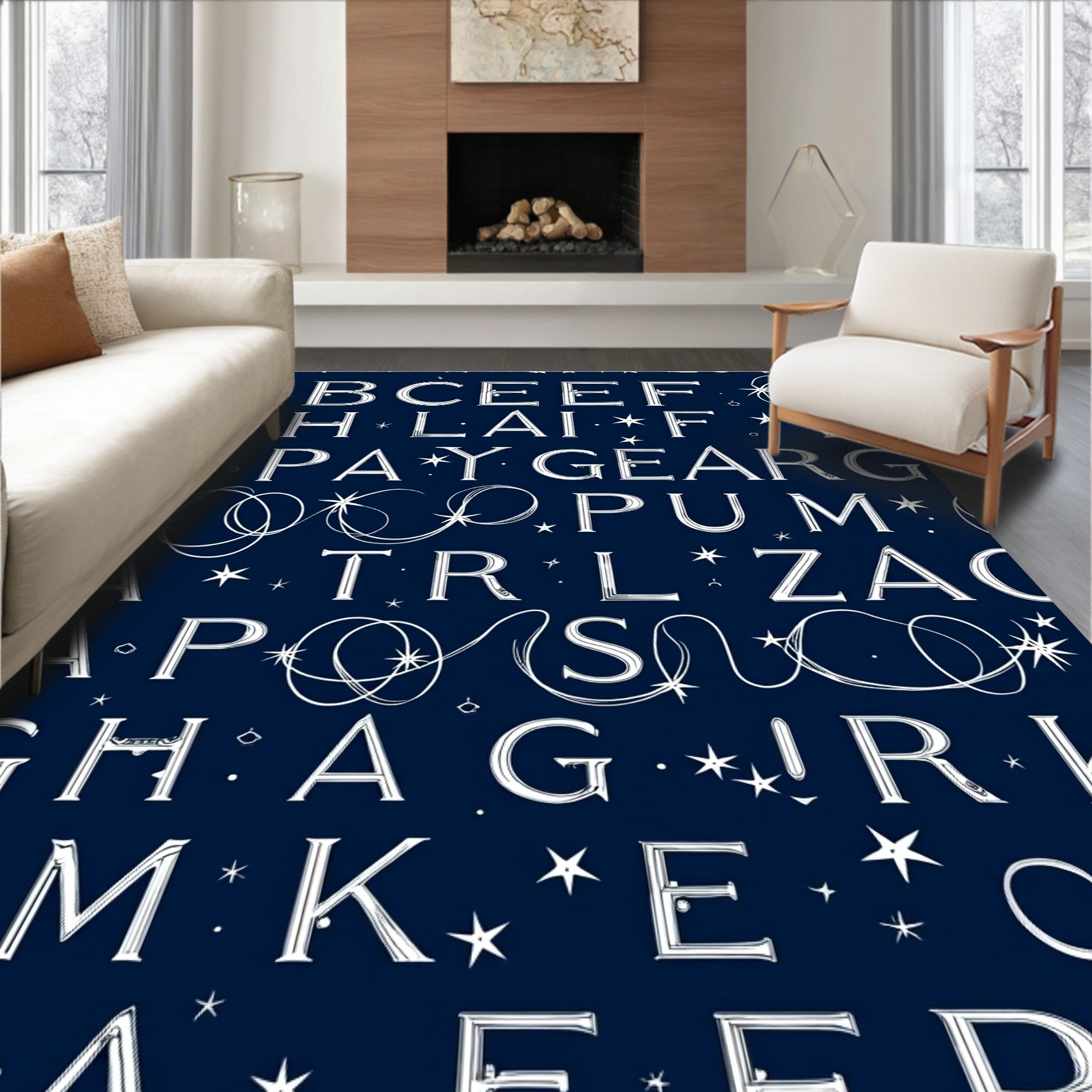 Celestial Alphabet Navy Blue Rug