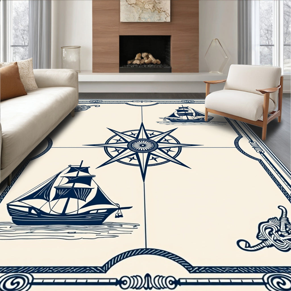 Nautical Ships Compass Rose Motif Rug